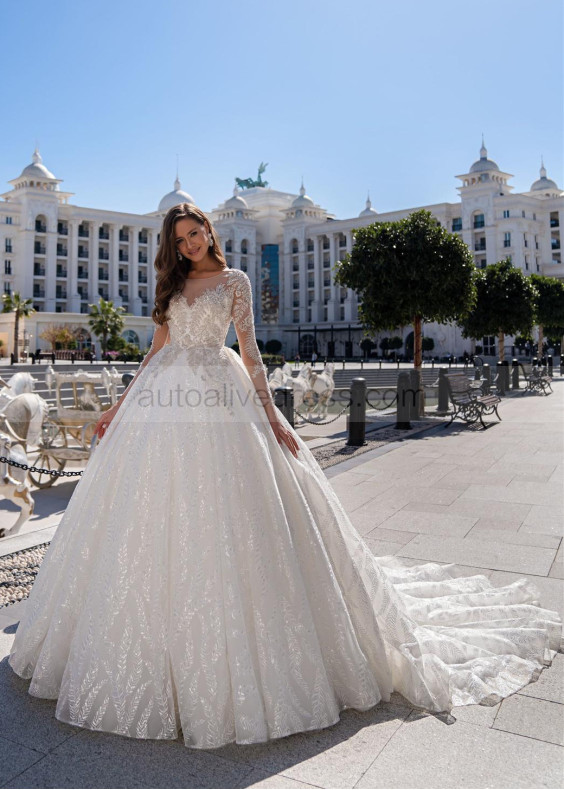 Beaded White Lace Tulle Wedding Dress With Long Train
